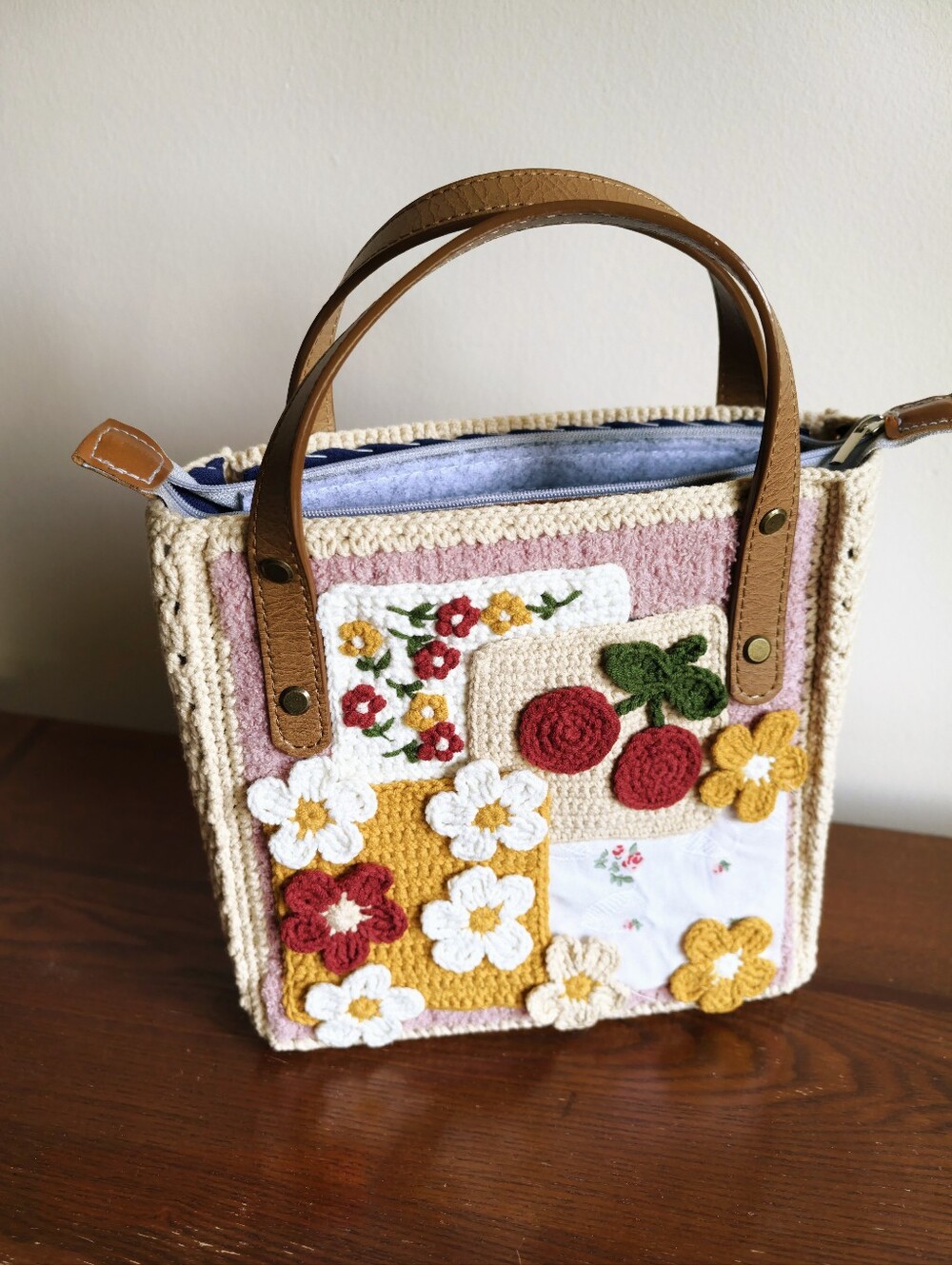 Handmade Crochet Floral Patchwork Tote Bag - Pink, Cream & Mustard - Picture 8 of 10